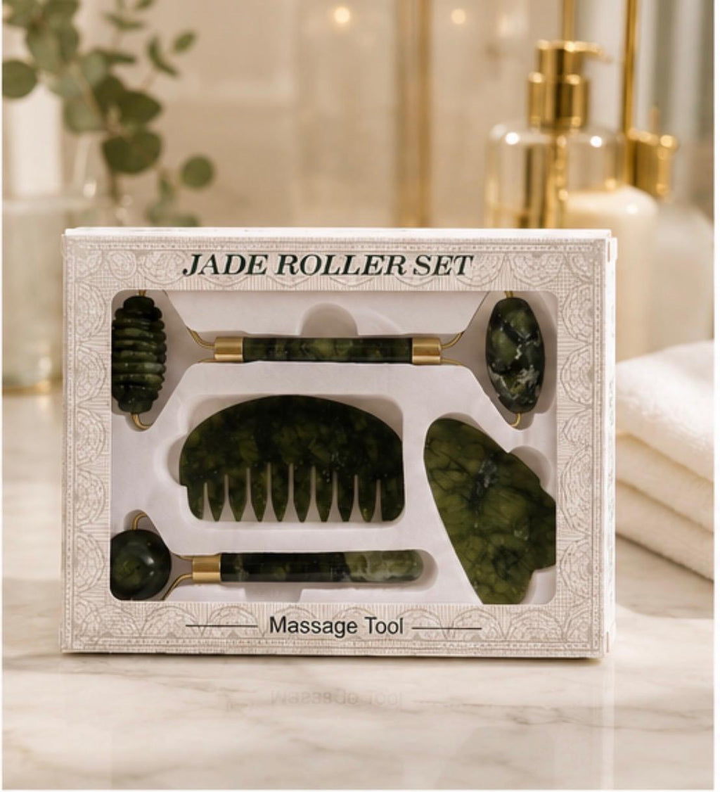 Set Masajeador Facial Rodillo Jade + Gua Sha